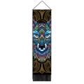Detail of bohemian wolf tapestry with wooden rod, black tassels and geometric canvas art - Bohemian Mandala Wolf Head (Style-2) / 32.5x130cm