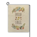 Linen garden flag with Hello Fall text and autumn leaves on black metal stand - Hello Fall Linen Canvas Design