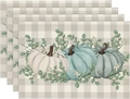 Detailed texture of four-piece linen placemats with pumpkin gingham harvest design - Fresh Pumpkin & Floral Clusters (Style 5)