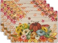 Detail of four linen place mats with pumpkins, sunflowers, and autumn harvest designs - Harvest Pumpkin Sunflower (Style 7)
