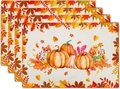 Set of 4 linen table mats featuring detailed autumn pumpkin and maple leaf prints - Hand-painted Realistic Pumpkin & Red Maple (Style 8)