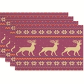 Set of 4 Christmas place mats featuring red reindeer and snowflake stripe patterns - Dark Red Base Beige Reindeer Geometric Ripple Style (Style 34)