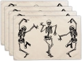 Detail view of four rectangular Halloween placemats with dancing skeletons on linen texture - Beige Background Black Dancing Skeleton Style (9) / 30*45cm