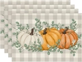 Set of four linen placemats with Thanksgiving pumpkin pattern and eucalyptus decor - Plaid Base White & Orange Pumpkin (Style 9)