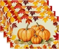 Set of four linen placemats featuring autumn pumpkin and maple leaf patterns for Thanksgiving - Pumpkin Surrounded by Maple Leaves (Style 10)