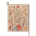 Linen garden flag with Hello Fall text and pumpkins hanging on a black metal stand - Hand-painted Pumpkin Mushroom Hello Fall (16) / 45*30cm