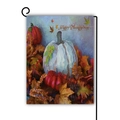 Bandiera da giardino per il Ringraziamento in lino con zucca bianca e foglie d'acero su asta - Stile Zucca Bianca Happy Thanksgiving / 45*30cm