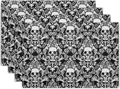 Set of 4 Gothic skulls and floral damask pattern placemats in black and white woven texture - Damascus Gothic Skull Style (5) / 30*45cm
