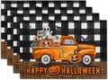 Κοντινό πλάνο από σουπλά Halloween με κολοκύθες και φαντάσματα σε λινό καρό ύφασμα - Βίντατζ Στυλ Πικάπ Κολοκύθα Νυχτερίδα (4) / 30*45cm
