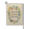 Linen garden flag with Autumn Is Calling wreath design and black metal stake stand - Autumn is Calling Wreath Design
