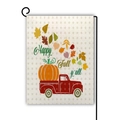 Bandiera da giardino in lino con camion rosso vintage e zucche con scritta Happy Fall - Stile Pickup Rosso Bianco Sporco a Pois (12)