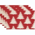 Set of 4 red Christmas tree placemats with snowflake patterns and linen texture - Red White Christmas Tree Snow Dot Style (Style 35)