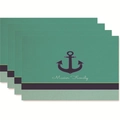 Set of four teal nautical placemats with anchor motif and custom family text print - Family Name Cyan Style (zd37)