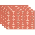 Set of 4 coral placemats with white anchor patterns for nautical table decoration - Coral Red White Anchor All Over Print Style (zd38)