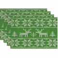 Set of 4 Christmas placemats with green reindeer and snowflake knit pattern decor - Bright Green Cream White Knit Christmas Tree Style (Style 39)
