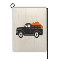 Bandiera da giardino in lino con camion nero vintage e zucche per decorazione autunnale - Stile Camion Retrò Venatura del Legno (17)
