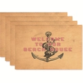 Set of 4 vintage nautical placemats with anchor and octopus print for beach house decor - Style 40 / 45*30 (flax)