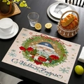 Christmas linen placemat with Santa Claus print and Russian Happy New Year text - Blue Hat Santa Style / 30*45cm