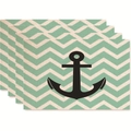 Set di 4 tovagliette in lino con ancora nera e motivi a onde verde menta - Onda Verde Menta con Ancora (Stile 40)