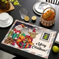 Linen Christmas placemat with Santa Claus and reindeer on a dark wood table - Santa And Reindeer Style / 30*45cm