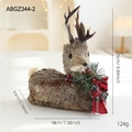 25cm straw deer figurine with tartan bow and pine cones for Christmas decor - Gray Sitting Reindeer
