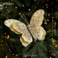 24cm champagnegoldene Samt-Schmetterlingsschleife mit Glitzer und Perlen für den Weihnachtsbaum - Schmetterling Schleife Ornament (AFTS29-1) / Gold