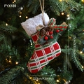 Christmas stocking pendant with plaid fabric, plush trim and pine cone, size 15x12.3cm - Christmas Boot Style (PYX189)