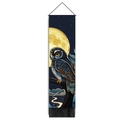 Detail of owl and moon aesthetic tapestry with black tassels and wood hanging rod - Style 2 (Owl B) / 32.5x130cm