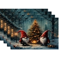 Set of 4 Christmas gnomes table mats with festive winter forest and tree patterns - Red Hat Gnome Tree Style (Style 3)