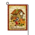 Welcome Fall garden flag with birds, pumpkins, and sunflowers on a black metal stand - Welcome Fall Birdhouse Style (13)