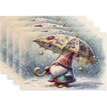 Set of 4 Christmas gnomes table placemats featuring a winter scene with blue gnomes - Gnome with Umbrella Style (Style 4)