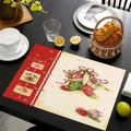 Christmas linen placemat with Santa sock and festive patterns on dark wood table - Two-Tone Christmas Stocking Style / 30*45cm