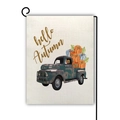 Bandiera da giardino in lino con camion d'epoca e zucche, con la scritta 'Hello Autumn' - Stile Hello Autumn Pickup Ciano Scuro (22)