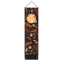 Vertical solar moon and leaf tapestry with black background and wooden hanging rod - 32.5x130cm / Full Moon Warm Botanical Style (Style-1)