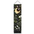 Detailed view of sun moon tapestry with green leaves, wooden rod, and black tassels - 32.5x130cm / Crescent Moon Cool Botanical Butterfly Style (Style-2)