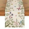 Chemin de table à motifs marguerites et fleurs sauvages sur table en bois - Impression de Fleurs Sauvages Rurales / 33*183cm
