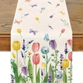 Chemin de table floral avec tulipes et papillons sur tissu crème pour la cuisine - Impression Aquarelle Tulipe Papillon / 33*183cm