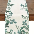 Chemin de table blanc moderne avec imprimé eucalyptus vert sur table en bois foncé - Impression Aquarelle Feuille d'Eucalyptus / 33*183cm