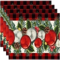 Linen Christmas placemats with buffalo plaid edges and festive pine cone patterns - Pine Needle & Pine Cone Christmas Ball (Style 1)