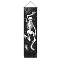 Vertical black tapestry with white dancing skeleton, sun motif, and decorative tassels - 32.5x130cm / Dancing Skeleton With Personified Sun Style (Style-1)