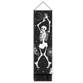 Detailed view of gothic tapestry featuring dancing skeleton with black tassels and mystical icons - 32.5x130cm / Gothic Mystery Skeleton With Moon Moth Style (Style-2)