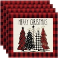 Set of four Christmas linen placemats with red buffalo plaid border and tree prints - Five Trees Text Style (Style 2)
