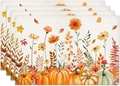 Set of four Thanksgiving linen placemats with watercolor pumpkins and sunflowers - Autumn Pumpkin Sunflower Watercolor (Style 15)