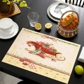 Linen Christmas placemat with red sleigh and gift pattern on dark wooden table - Red Sleigh and Gifts Style / 30*45cm