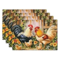 Set of 4 linen placemats featuring rooster and sunflower design for farmhouse kitchen decor - Farm Rooster Sunflower (18)