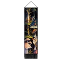 Detailed view of colorful mushroom forest tapestry with tassels and wooden rod - 32.5x130cm / Style-1 (Black Mushroom Forest)