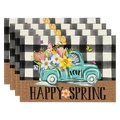 Set of 4 linen placemats featuring vintage truck with spring flowers and buffalo plaid - Vintage Truck Floral (21)