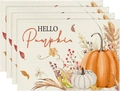 Set of 4 linen placemats with orange pumpkins and Hello Pumpkin text for Thanksgiving - HELLO Pumpkin Wheat Ear (Style 16)