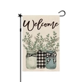 Close-up of Welcome garden flag with eucalyptus jars on linen fabric texture with metal pole - Bottled Eucalyptus Welcome (16) / 30x45cm