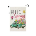 Garden flag detail showing a green vintage truck with spring flowers and metal stand - Retro Green Pickup HELLO Spring (17) / 30x45cm